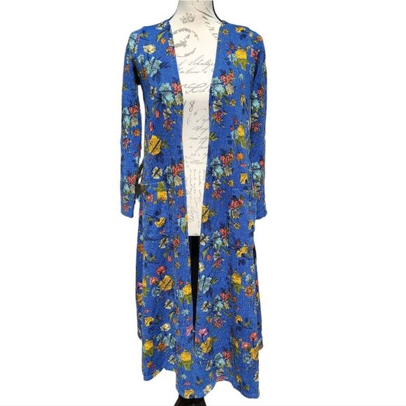 Lularoe NWT Sarah Blue floral long cardigan‎ duster Extra Small XS - Picture 1 of 5